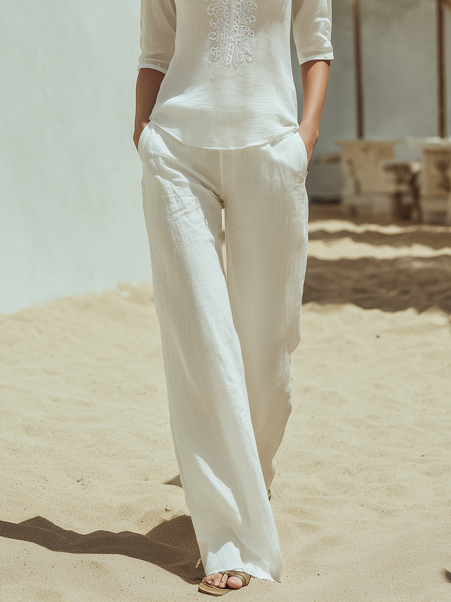 Mediterranean Minimalist Lace Trim White Cotton Linen V-neck Top And Pants Set