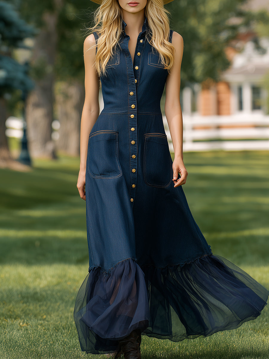Casual And Stylish Button-down Denim Blue Ruffled Hem Sleeveless Maxi Dress