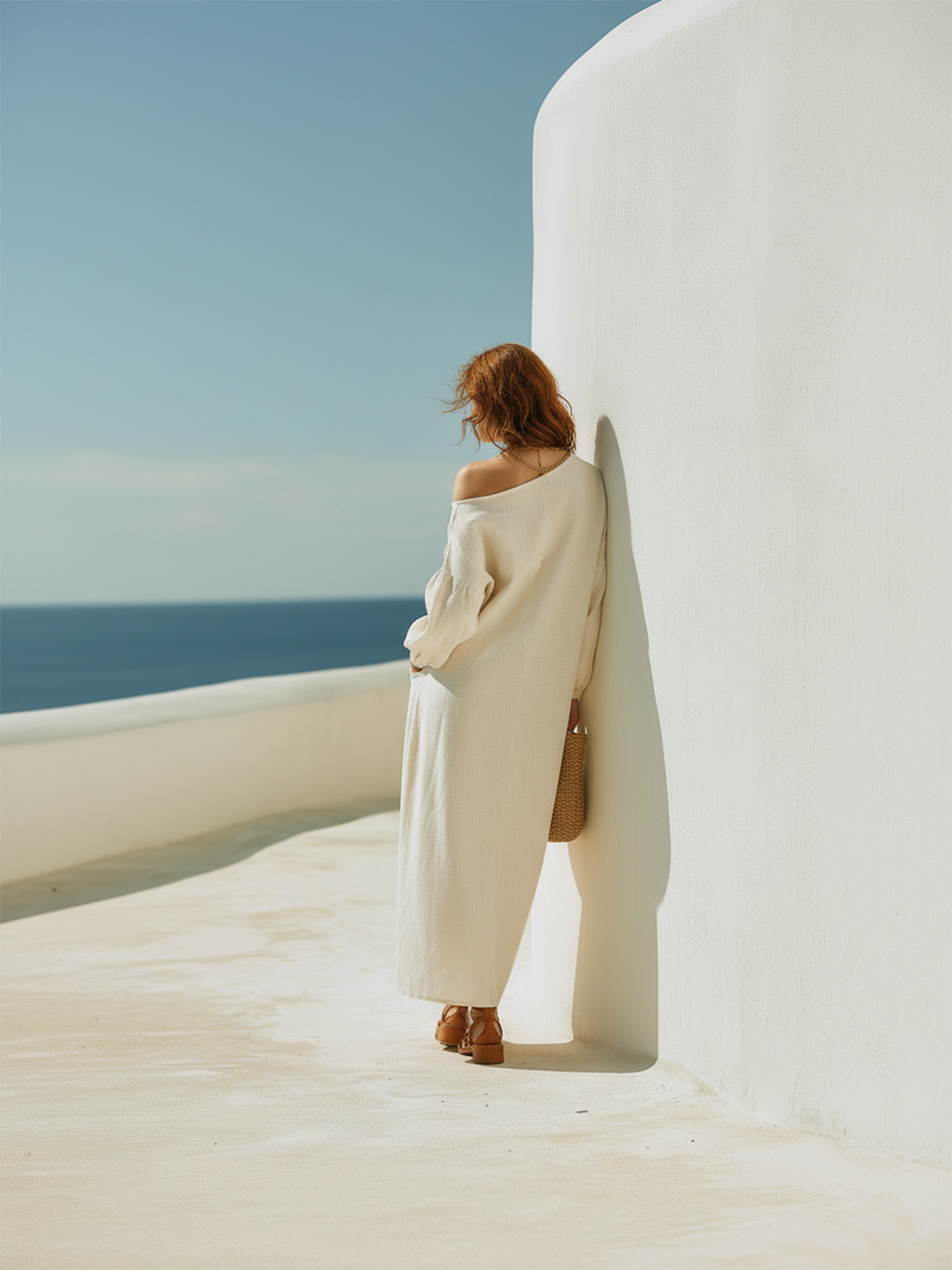 Resort-style White Off-shoulder Long-sleeved Maxi Dress