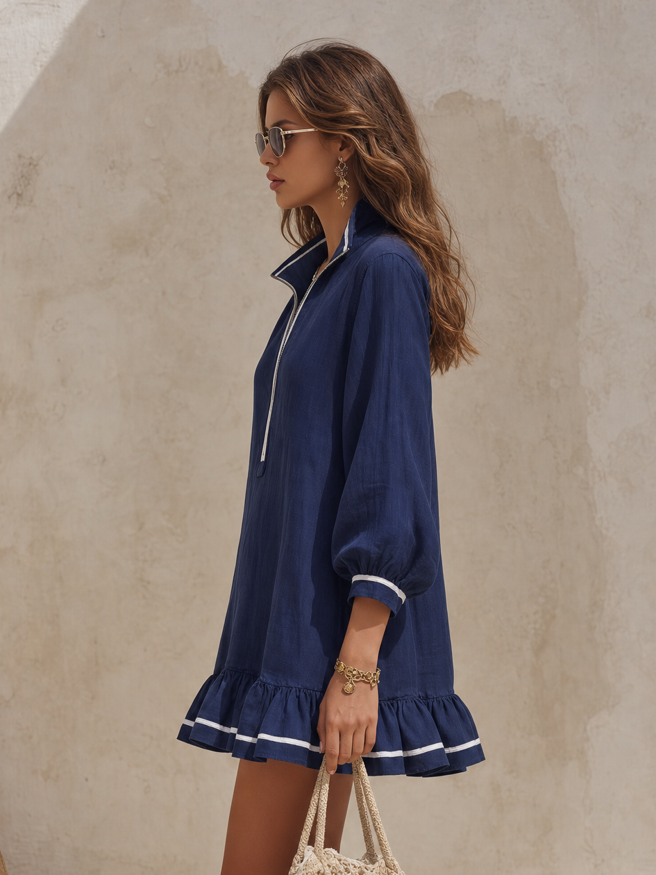 Resort Casual Color-blocked Half-zip Stand Collar Ruffled Mini Dress