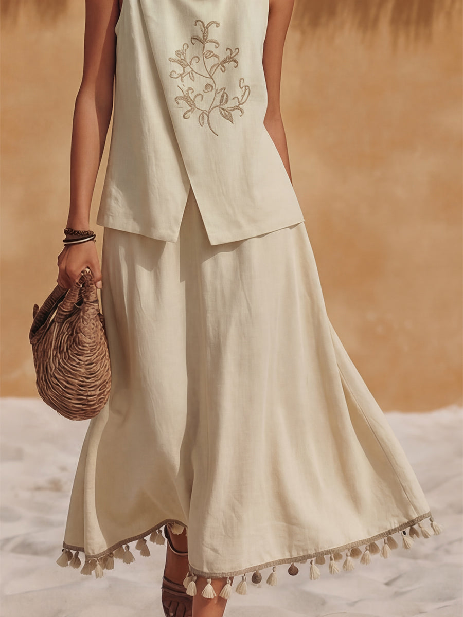 Bohemian Coast Sleeveless Beige Cotton Linen Draped Neck Embroidered Top And Tassel-Trimmed Cotton Linen Skirt Set