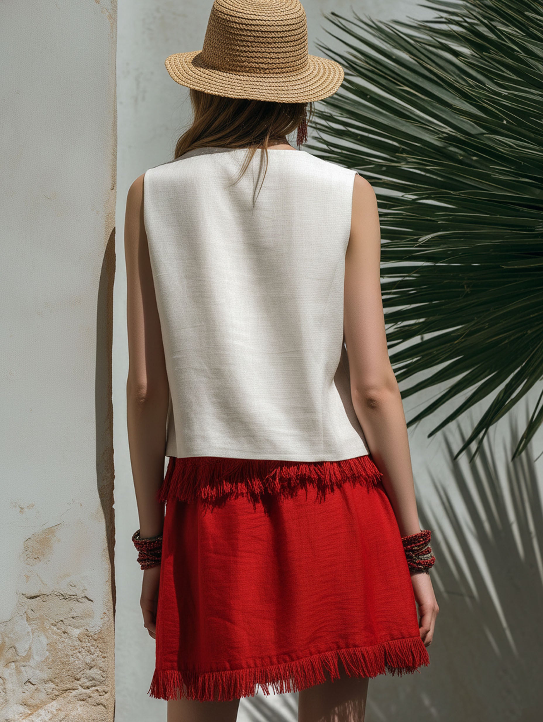 Elegant Resort Style Cotton Linen Patchwork Red Tassel Mini Skirt Set