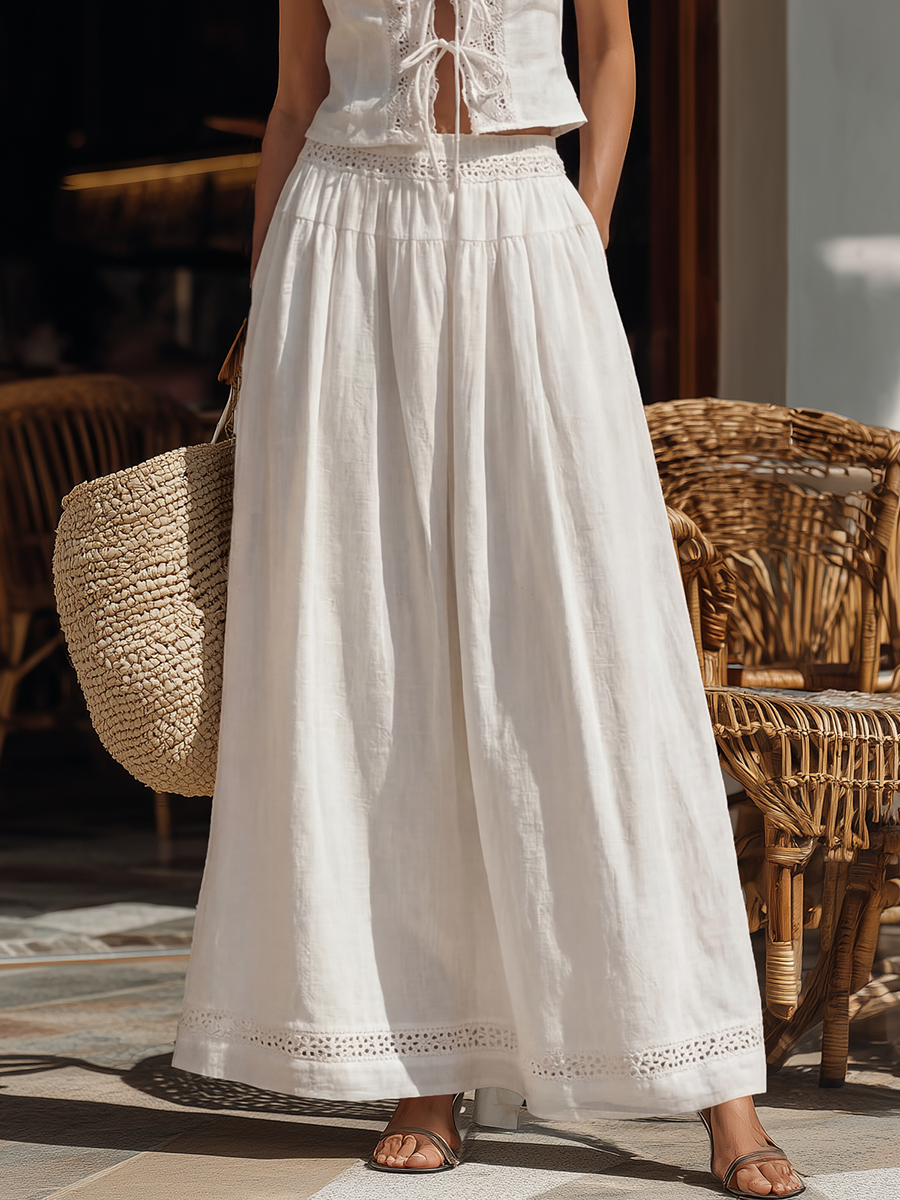 Bohemian Lace-Trimmed Sleeveless Tie-Front Top And Wide-Leg Pants White Cotton Set