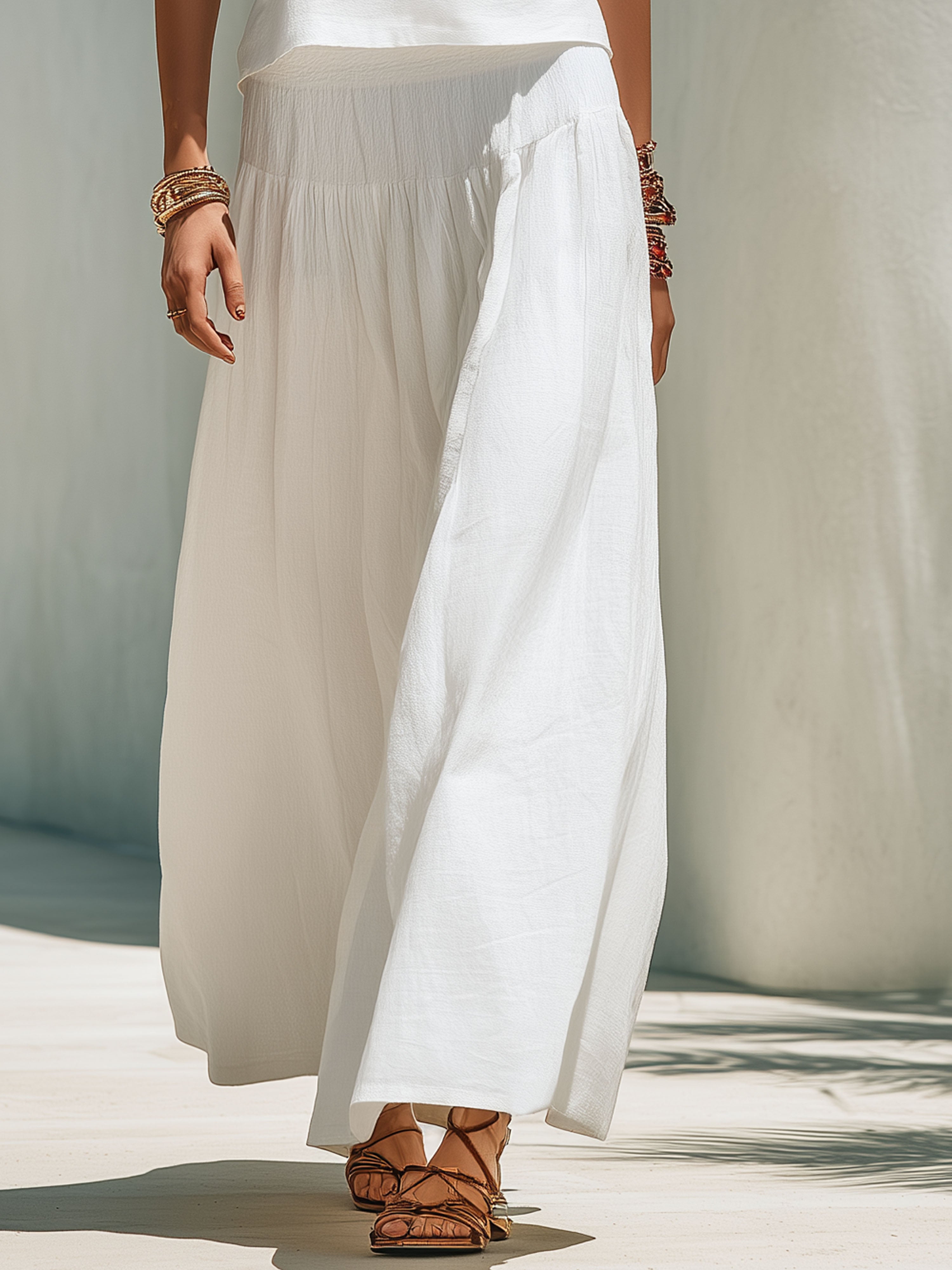 Resort-Style Cotton And Linen Red Ribbon White Sleeveless Top And Skirt Set