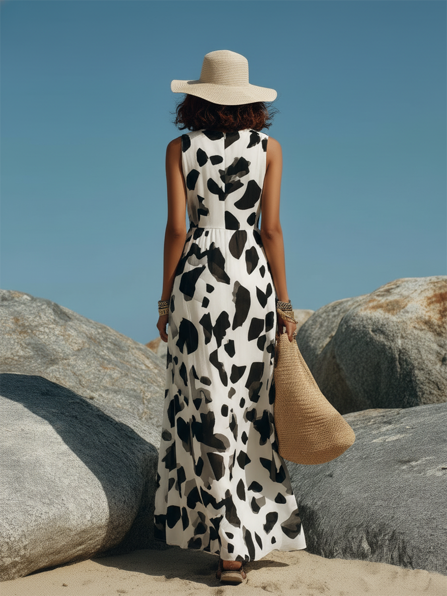 Vacation-Style Black And White Printed Sleeveless Maxi Dress