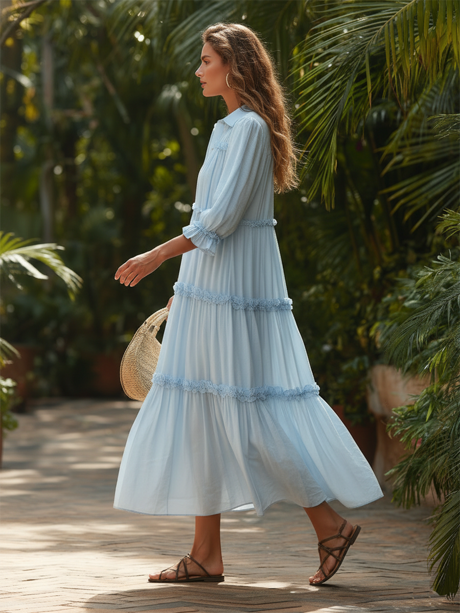 Vacation-style cotton blue long-sleeved V-neck maxi dress