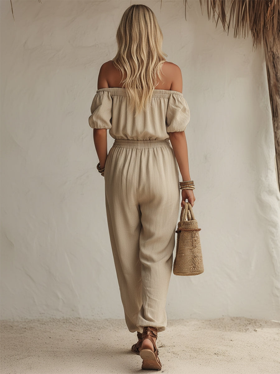 Bohemian Casual Light Khaki Cotton Linen Off-shoulder Top And Loose Trousers Set
