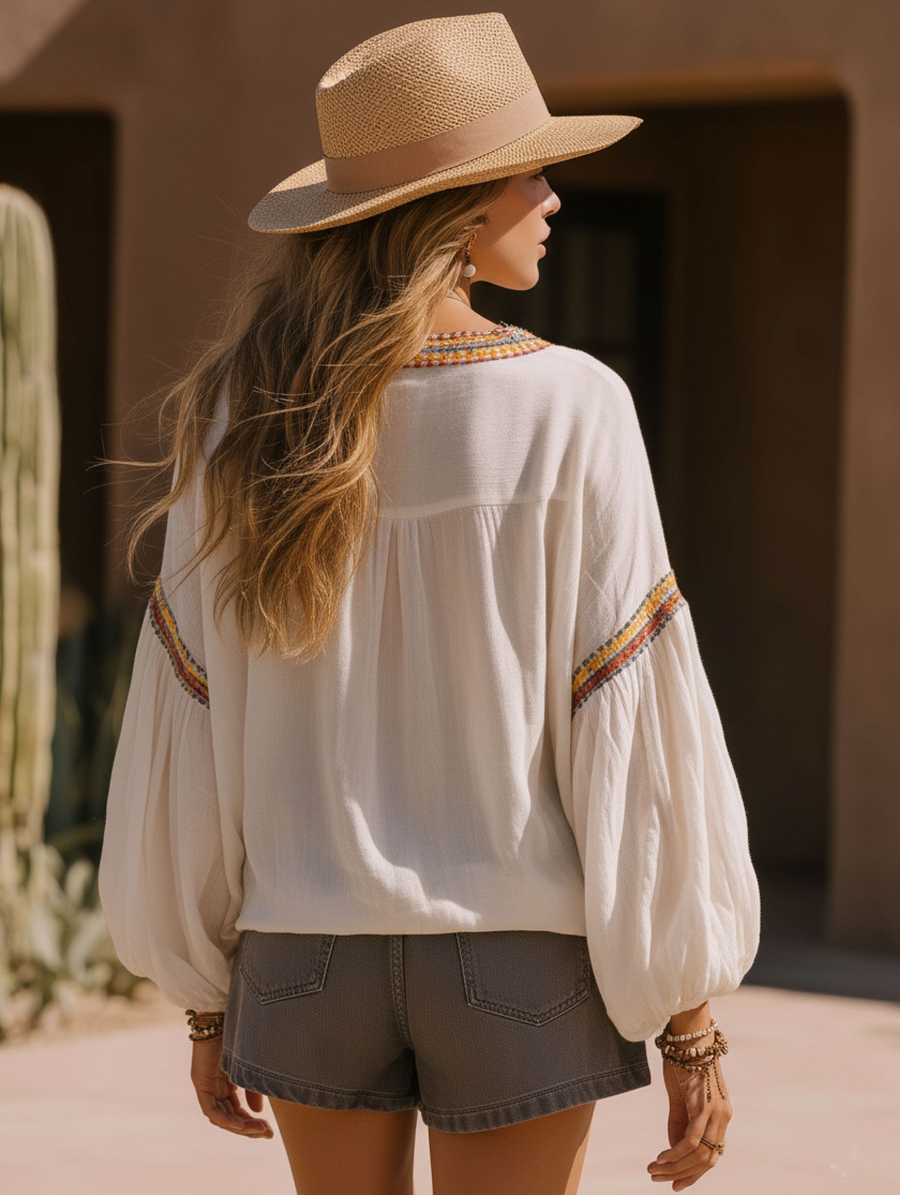 Resort-Style Off-White Cotton Linen Embroidered Long-Sleeved V-Neck With Ethnic Flair Shirts