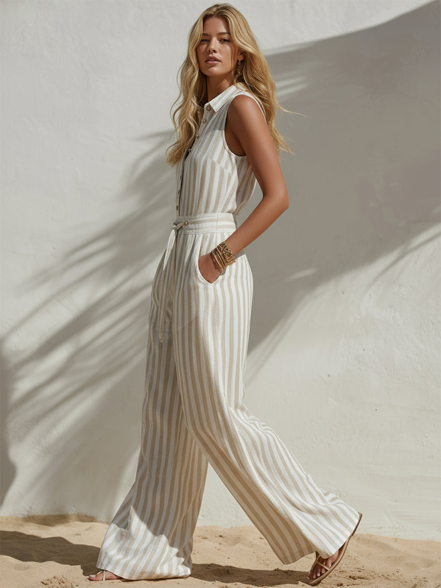Minimalist Casual Beige Striped Chiffon Collared Sleeveless Shirt And Wide-leg Pants Set