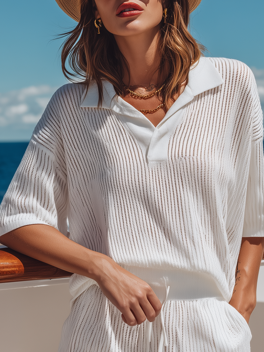 Casual Beach Sports White Knitted Short-sleeved Top And Shorts Set