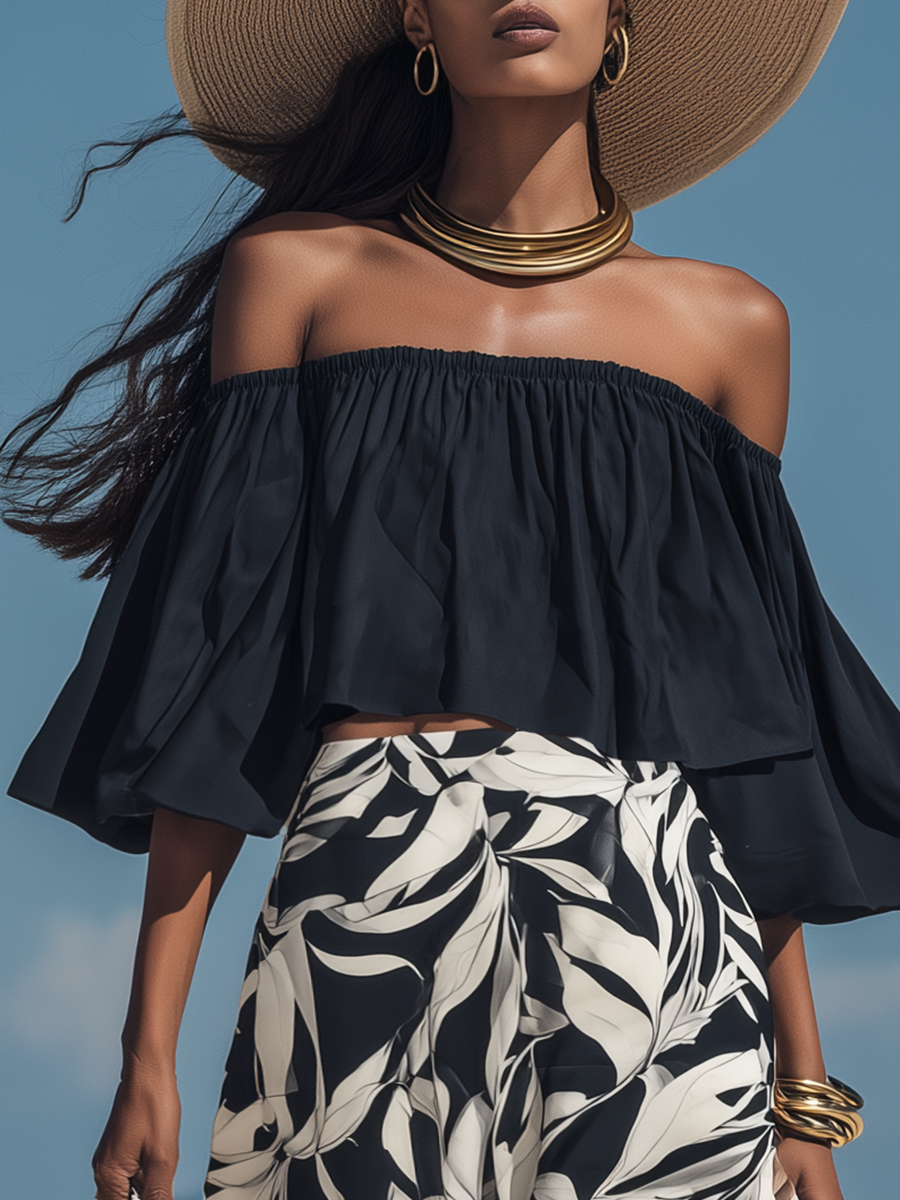 Romantic Bohemian Off-Shoulder Black Flared-Sleeve Top And Leaf-Print Chiffon Skirt Set