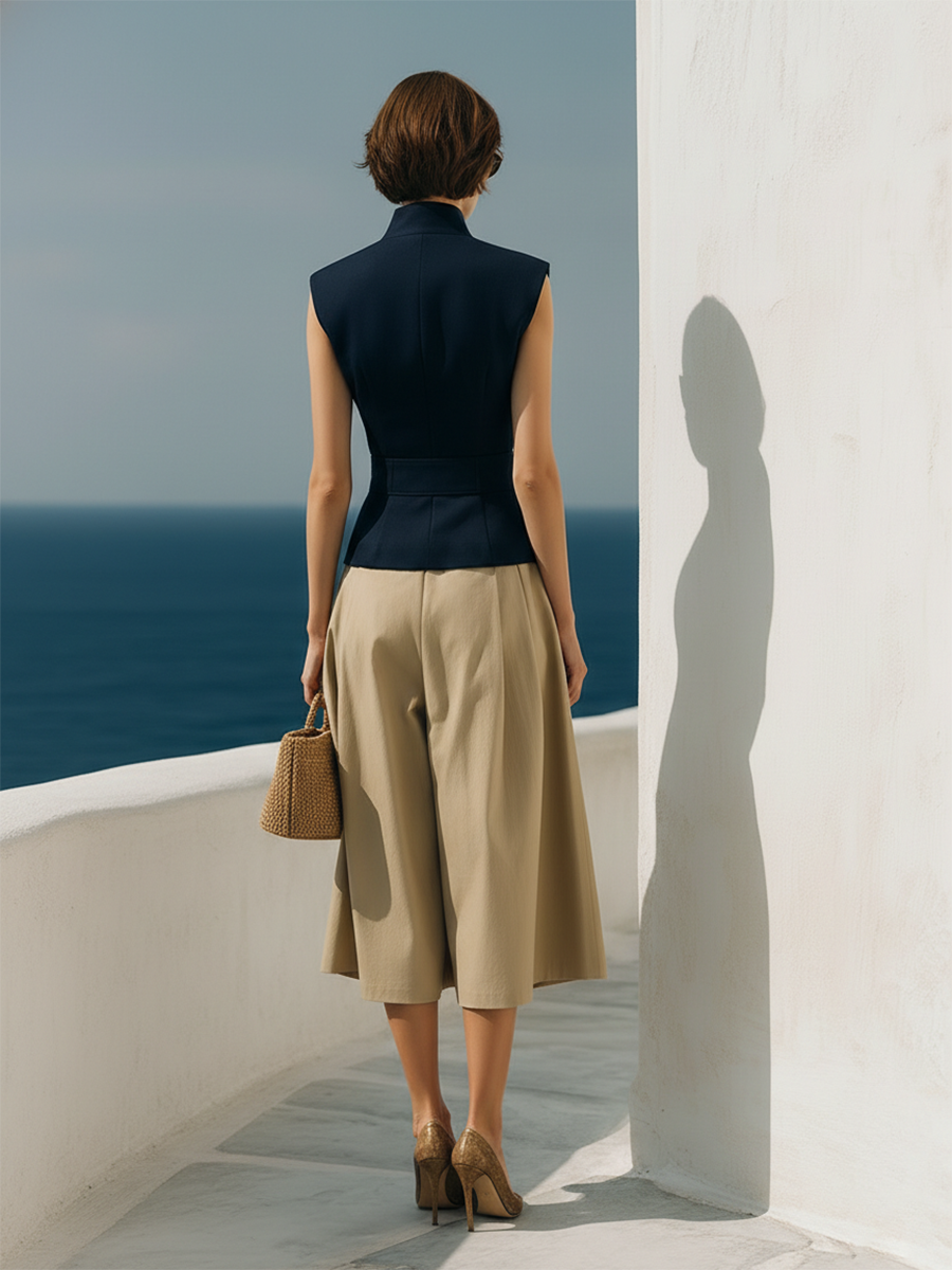 Stylish Vacation Navy Blue Vest And Light Khaki Wide-leg Cropped Trousers Set