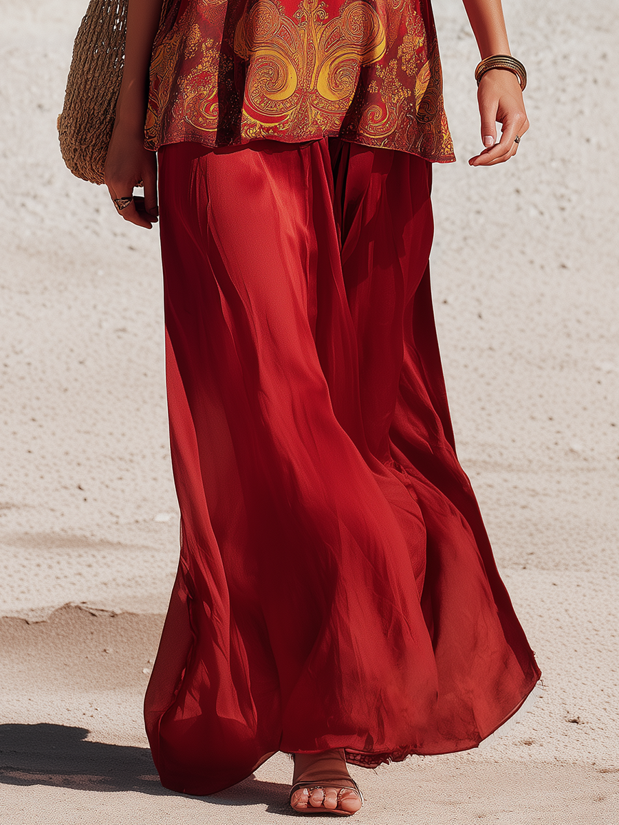 Hot Vacation-style Printed Top And Skirt Red Satin Set