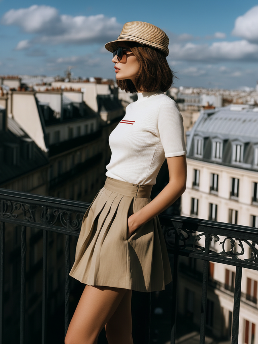 Stylish Retro White Short-sleeved Knit Top And Khaki Pleated Skirt Set