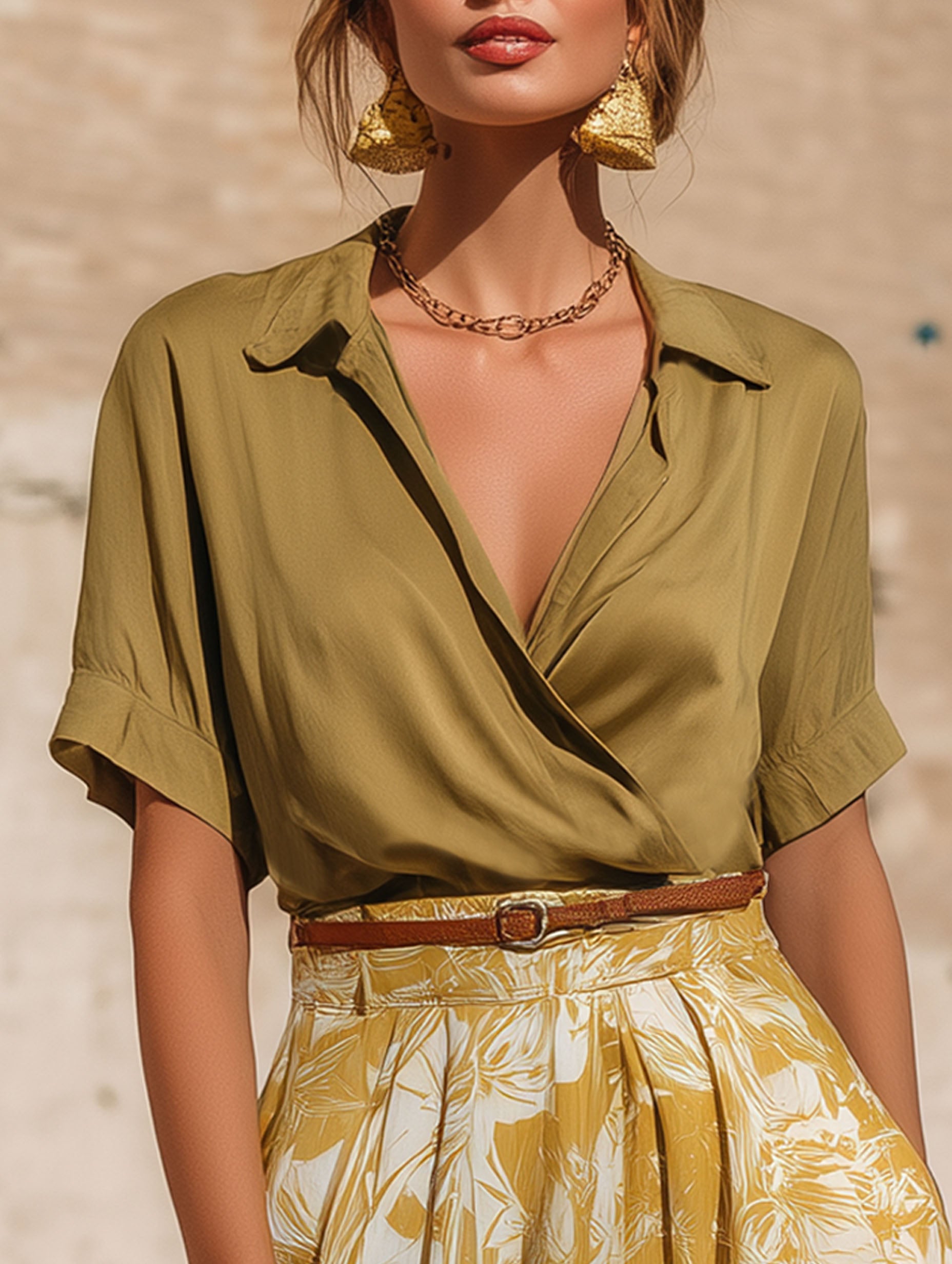 Resort-Style French Satin Green Top And Printed Skirt Set