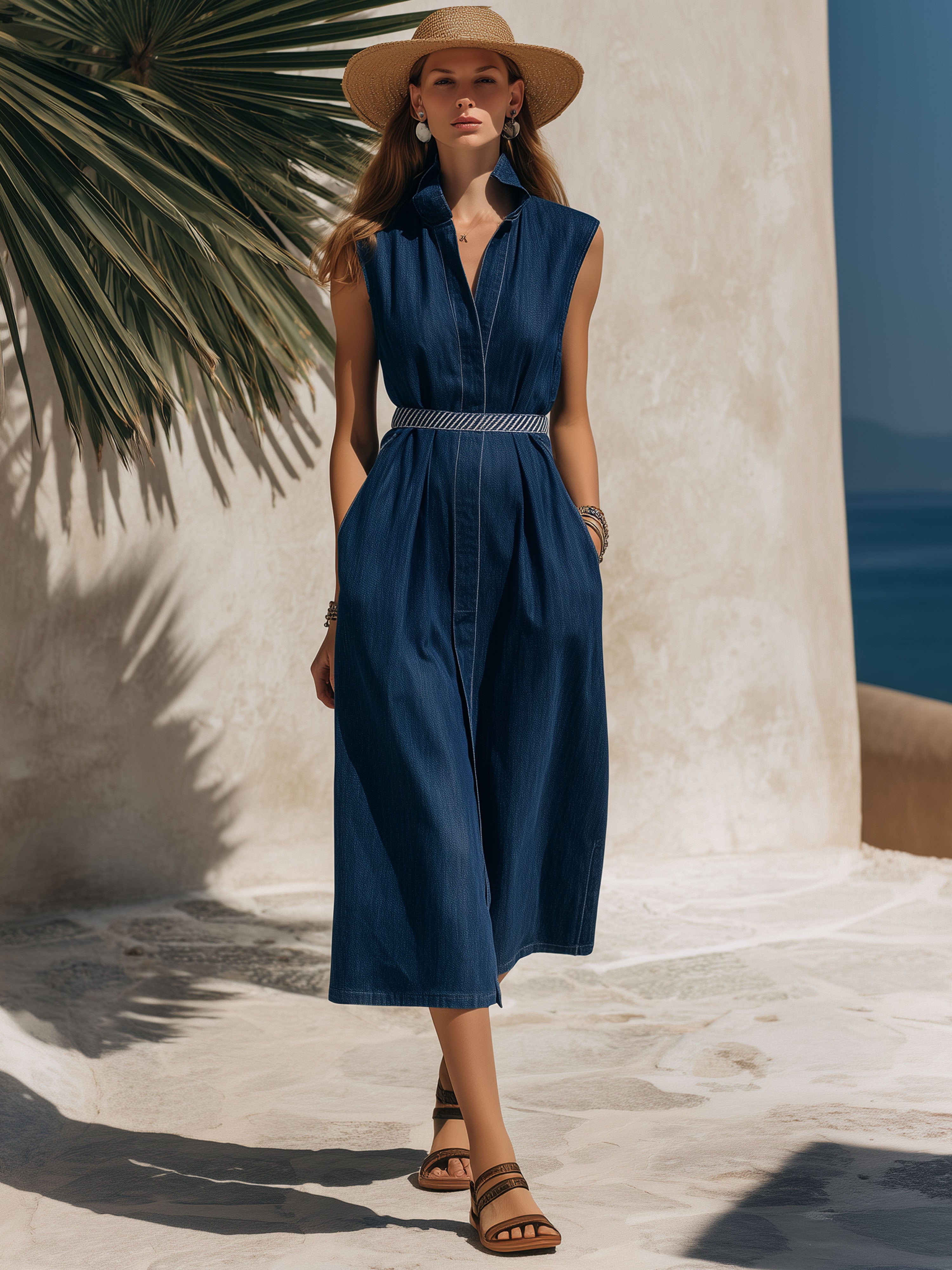 Resort-Style Blue Denim Sleeveless V-Neck Color-Blocked Belted Midi Dress
