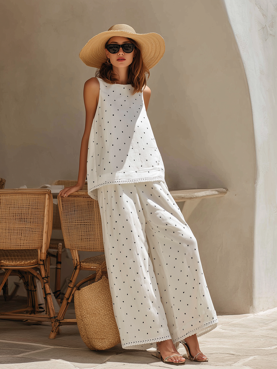 Minimalist Resort Black Polka-Dot Sleeveless Top With Lace Trim And Wide-Leg Pants Cotton-Linen Matching Set