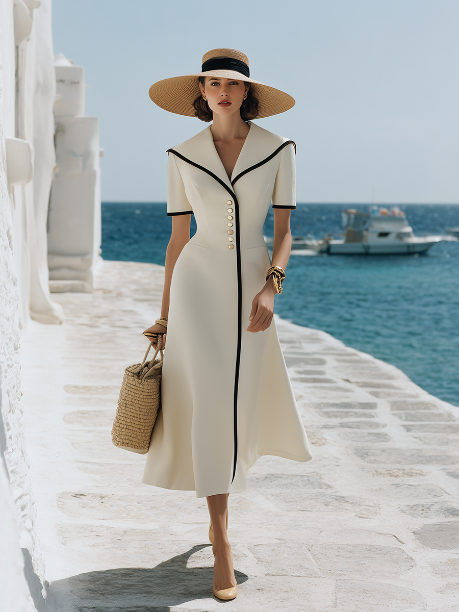 Elegant Navy Style Black Trimmed Sailor Collar Short-sleeved Maxi Dress