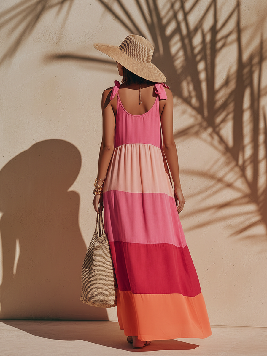 Colorful Vacation-style Patchwork Shoulder Bow Tie Straps Maxi Dress