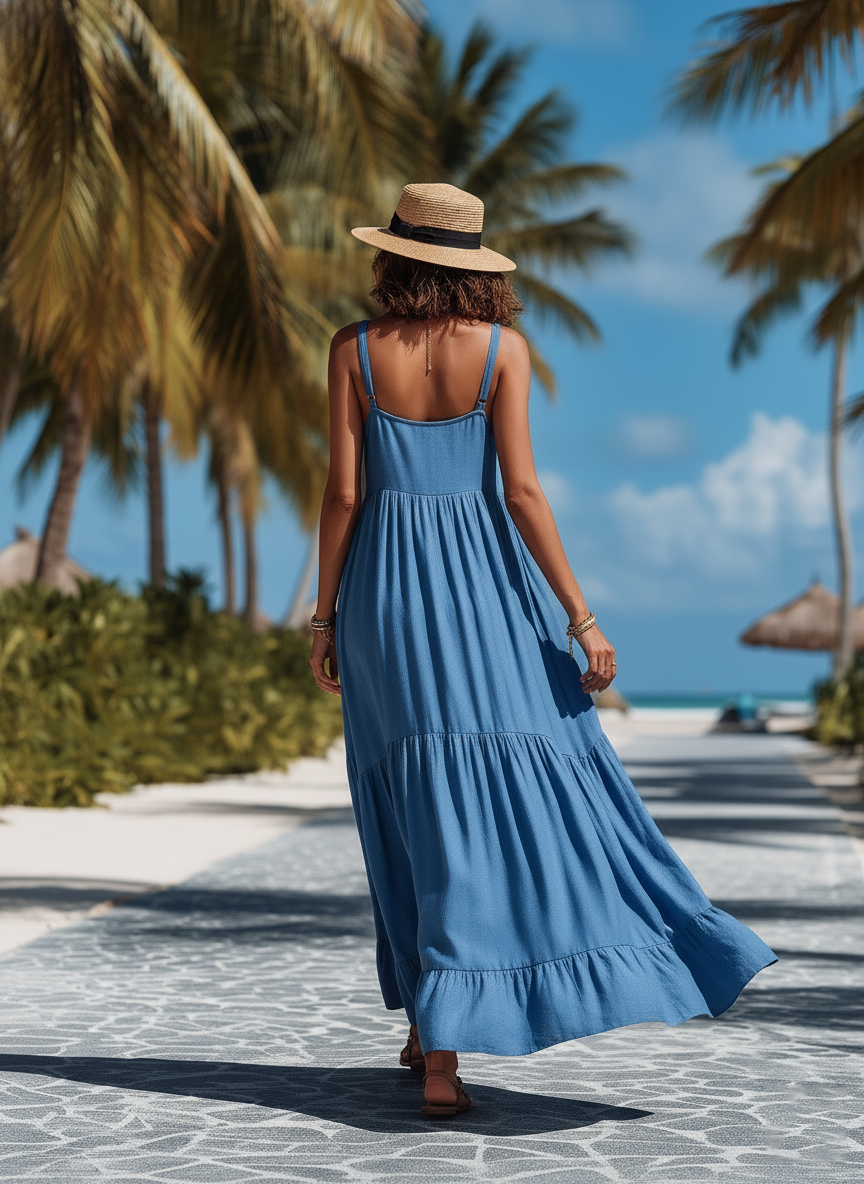 Vacation-Style Loose Blue Strappy Maxi Dress