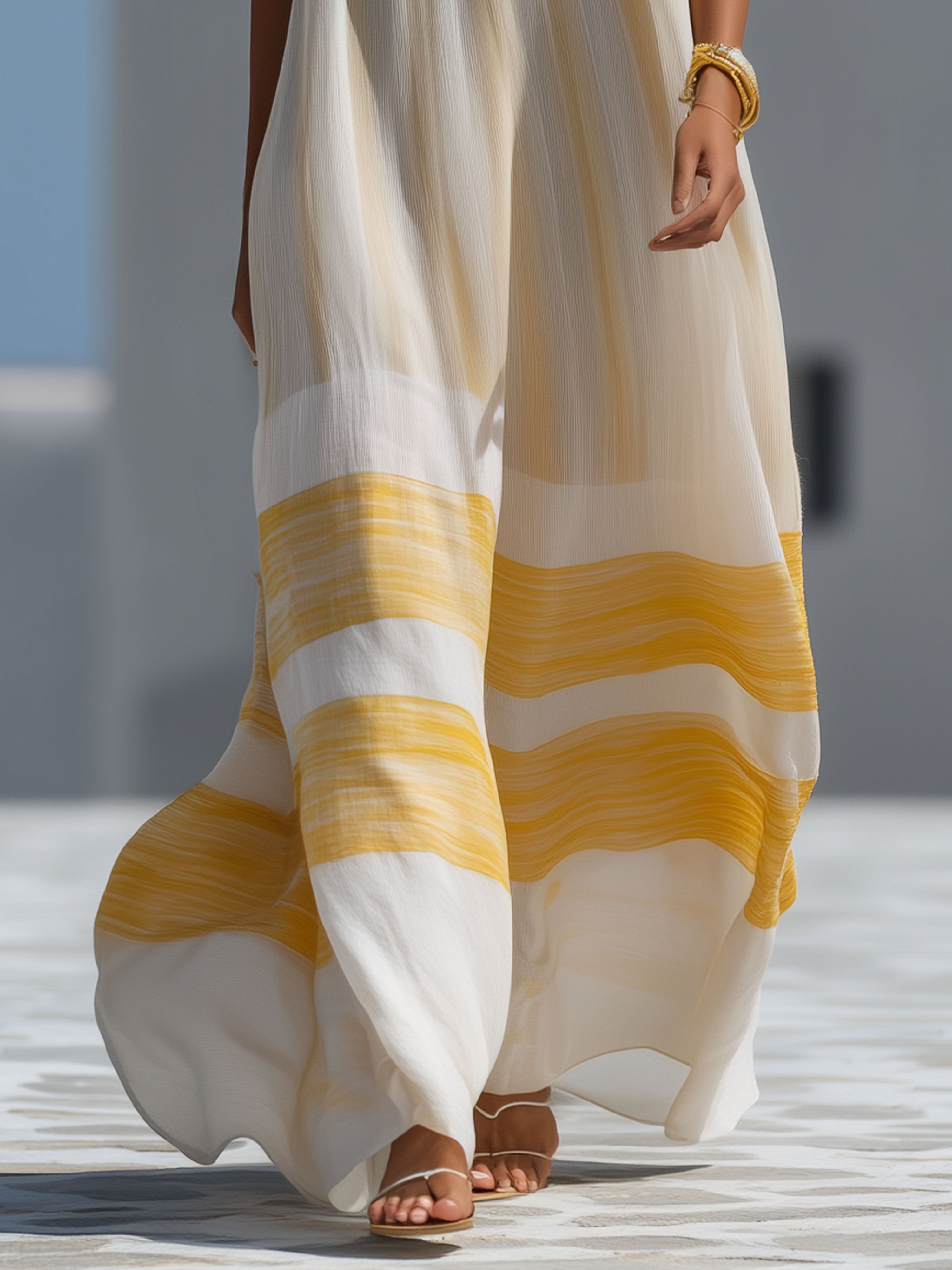 Elegant Chiffon Printed V-Neck Yellow Striped Maxi Dress