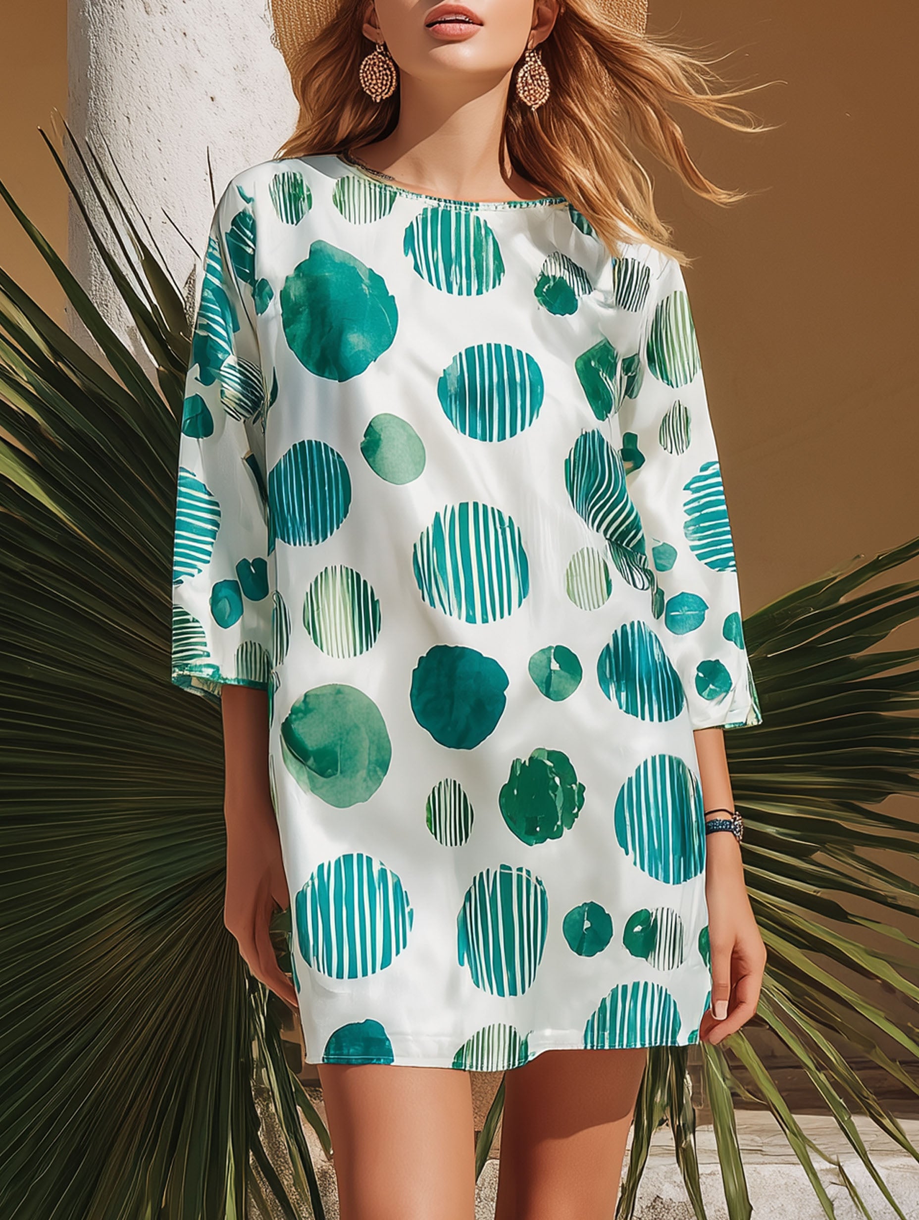 Resort-Style Satin Fabric Green Polka Dot White Mid-Sleeve Mini Dress