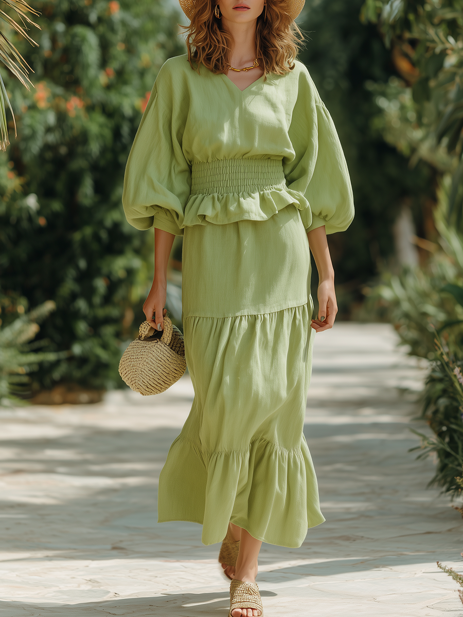 Vacation-style Cotton And Linen V-neck Long-sleeved Maxi Dress