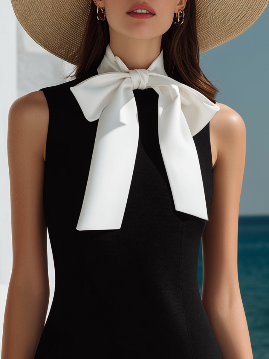 Classic And Stylish White Satin Tie-neck Black Cotton Sleeveless Mini Dress