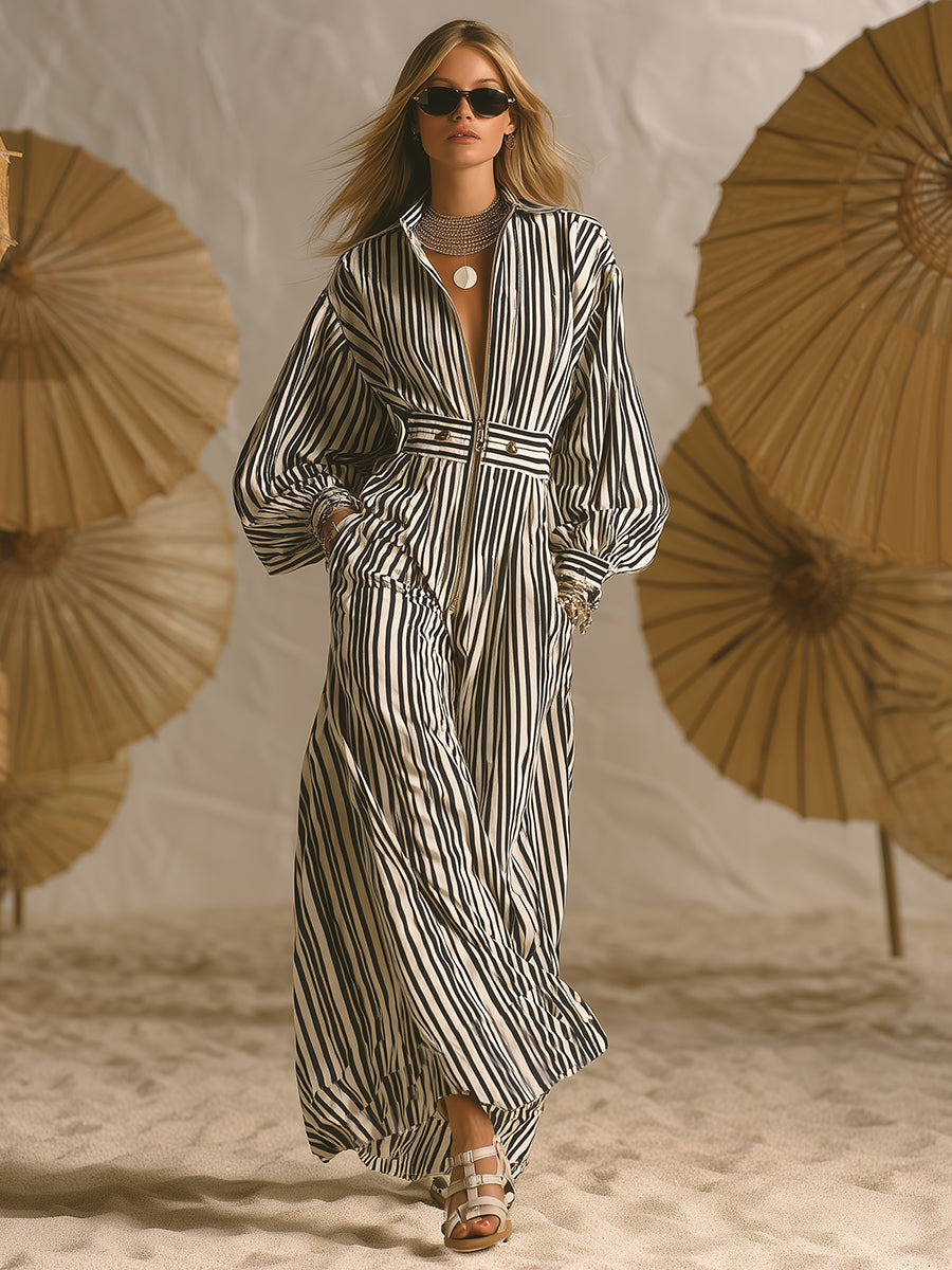 Mediterranean-style Black And White Striped Zip-up Maxi Dress