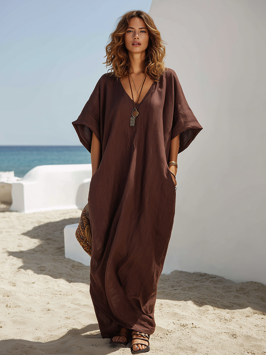 Resort-style Brown V-neck Short-sleeved Loose Maxi Dress