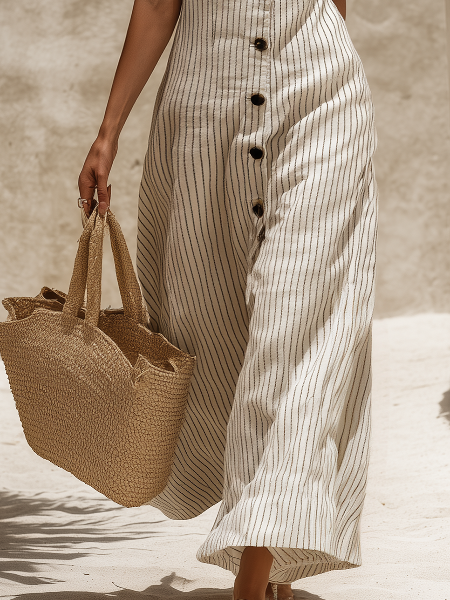 Simple Casual Square-Neck Sleeveless Striped Cotton-Linen Maxi Dress