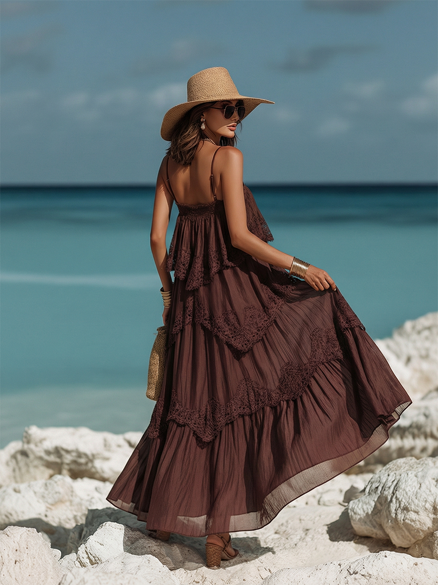 Elegant Resort-style Lace-trimmed Tencel Spaghetti Strap Maxi Dress