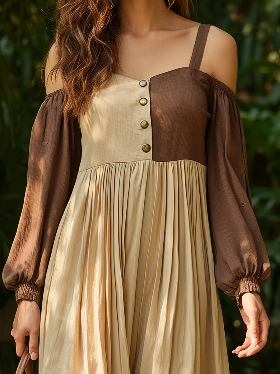 Vacation-style Cotton And Linen Blend Color-block Off-the-shoulder Long-sleeved Maxi Dress