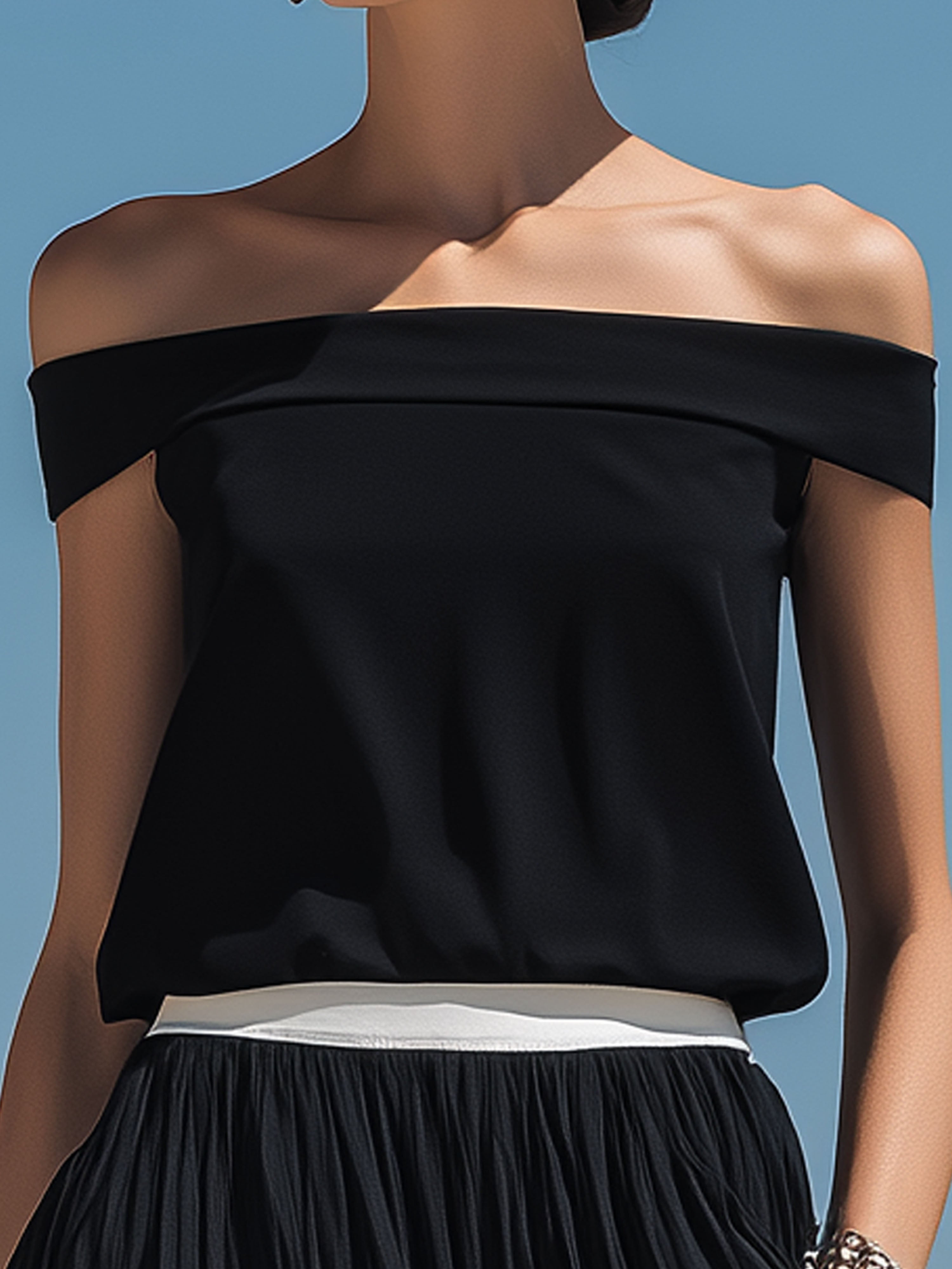 Vacation Black Off-Shoulder White Decorated Top And Long Skirt Set
