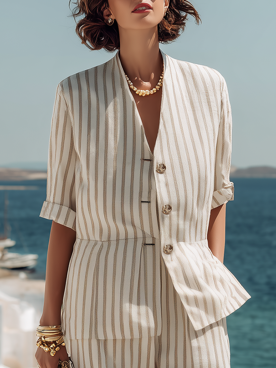 Resort Beige Striped V-Neck Cotton Linen Short-Sleeve Suit And Wide-Leg Capri Trousers Set