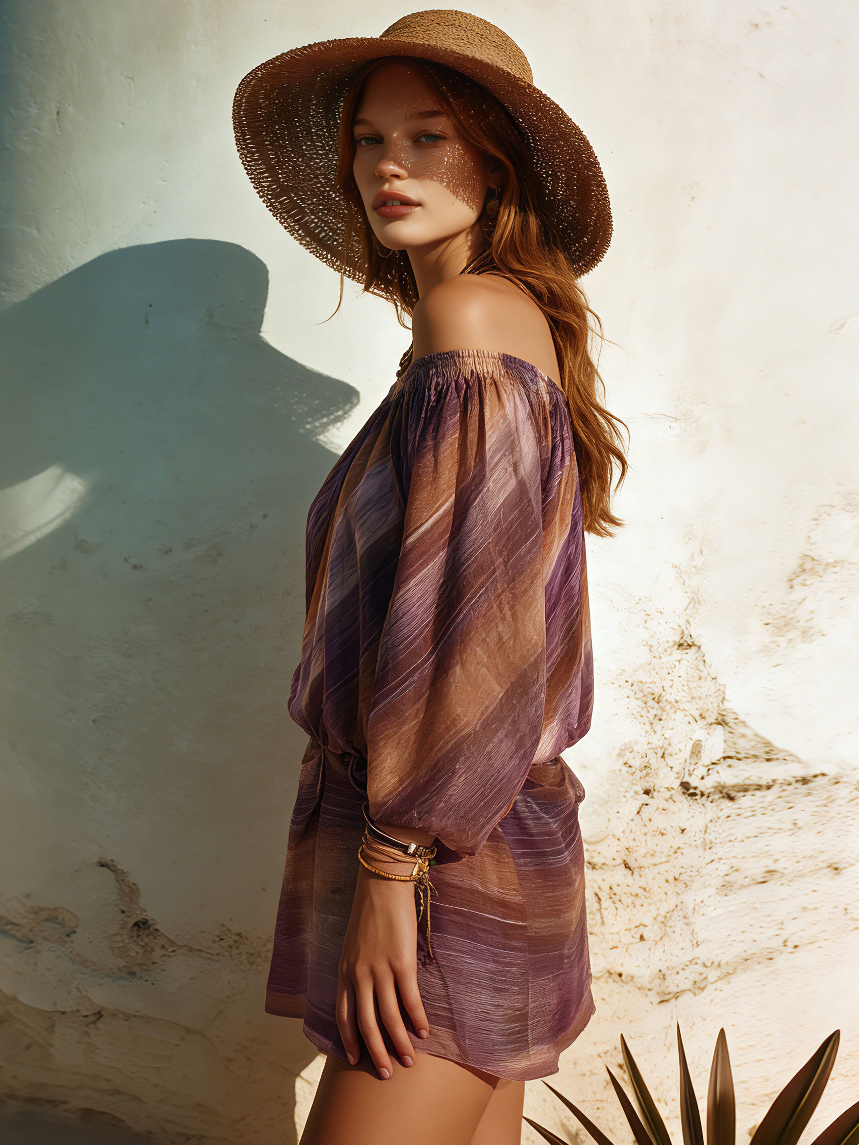 Elegant Vacation Chiffon Purple Striped Print Off-Shoulder Mini Dress