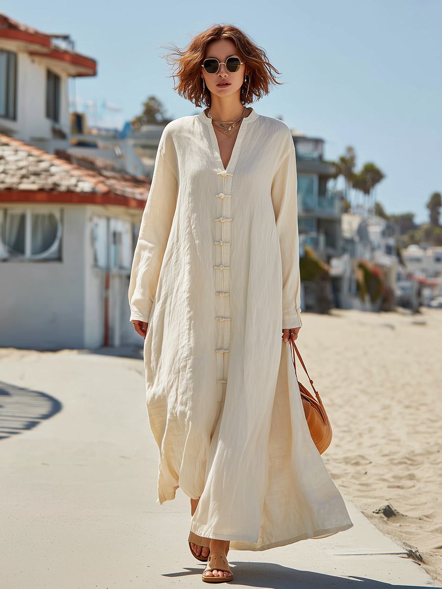 Vacation-style Cotton And Linen White V-neck Maxi Dress