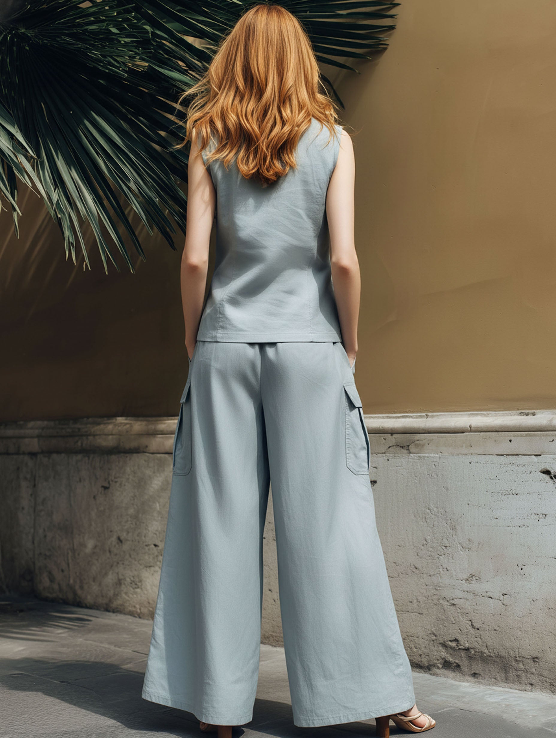 Fashionable Gray-Blue Cotton Linen Workwear Zipper Sleeveless Flap Pocket Top And Trousers Set