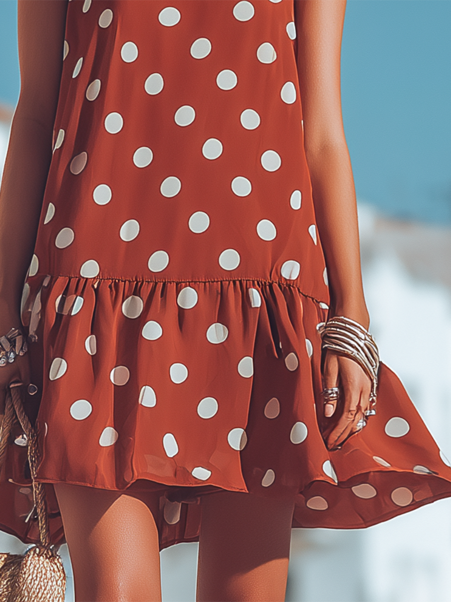 Resort-style Red Polka Dot Loose Sleeveless Mini Dress