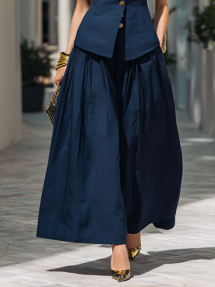 Stylish Vacation Navy Blue Vest And Wide-leg Pants Set