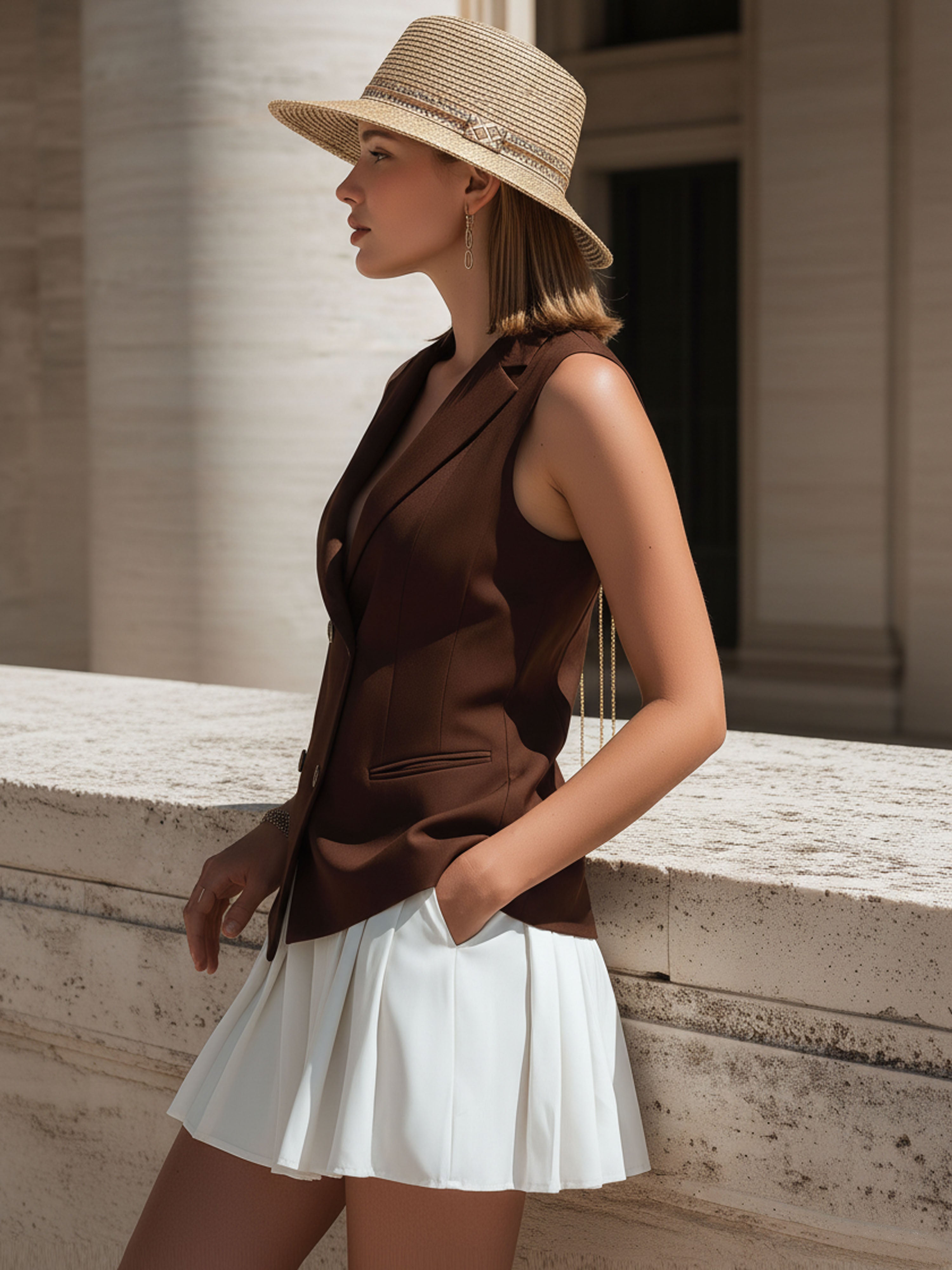 French Tencel Sleeveless Brown Vest And Pleated White Skirt Set