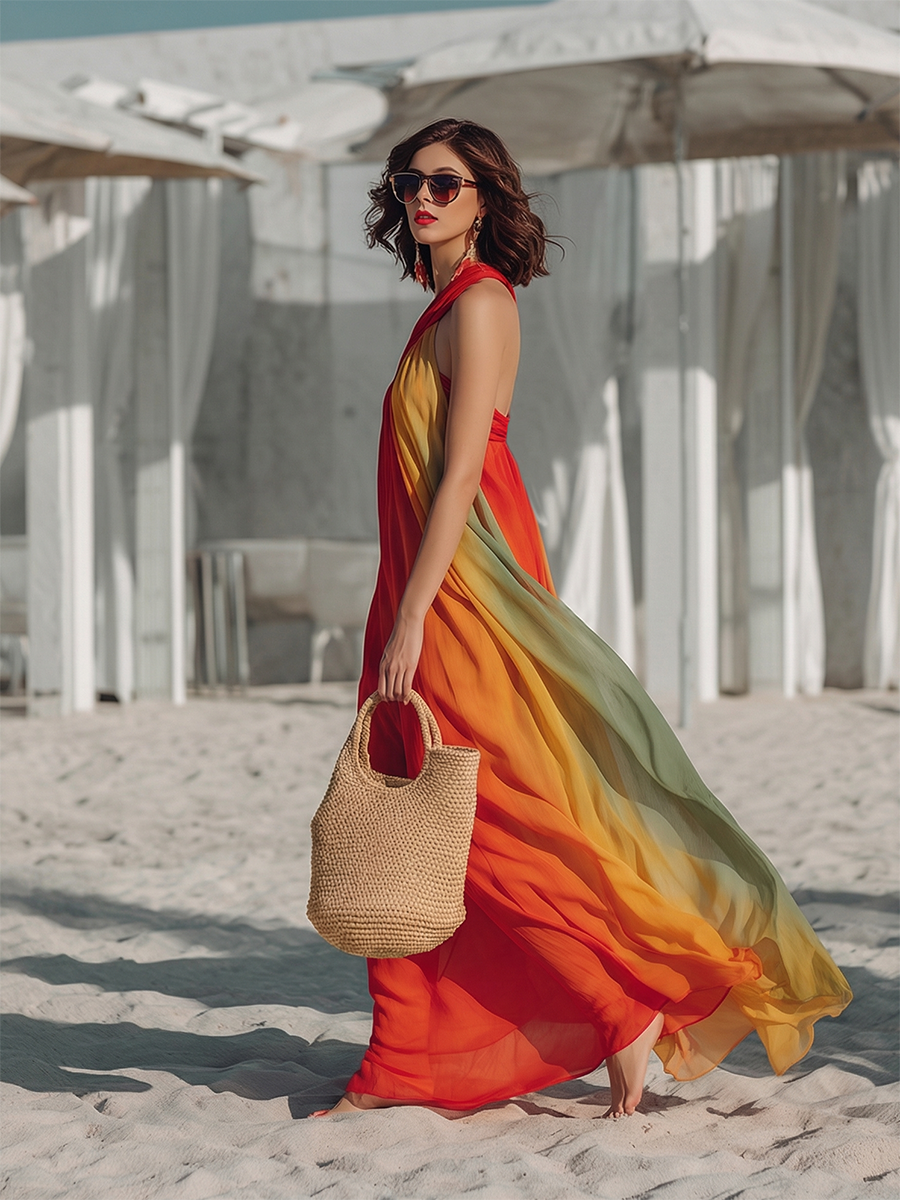 Romantic Bohemian One-Shoulder Ombré-Print Chiffon Maxi Dress