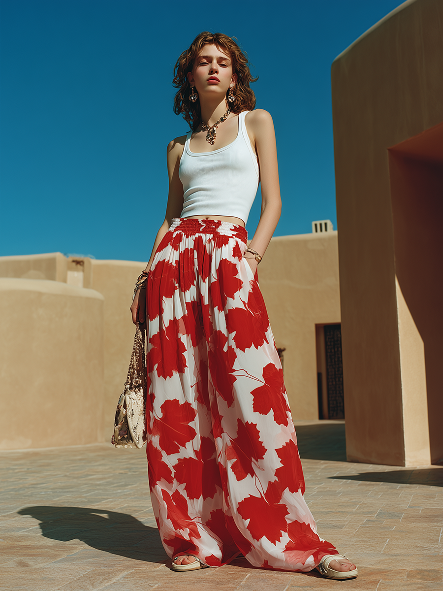 Vacation-Style Loose-Fit Maple Leaf Print Wide-Leg Trousers