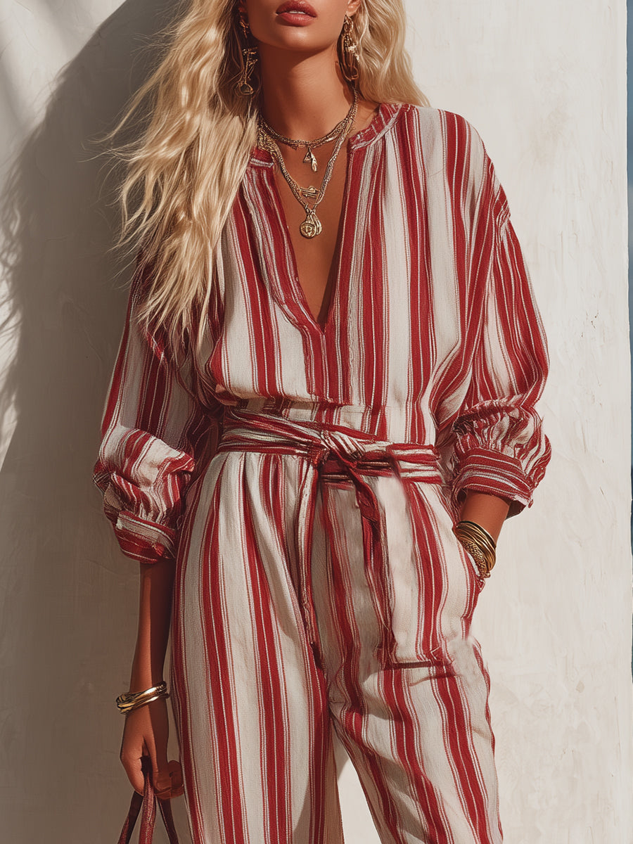 Stylish Casual Vacation Red Striped Shirt And Wide-Leg Pants Suit