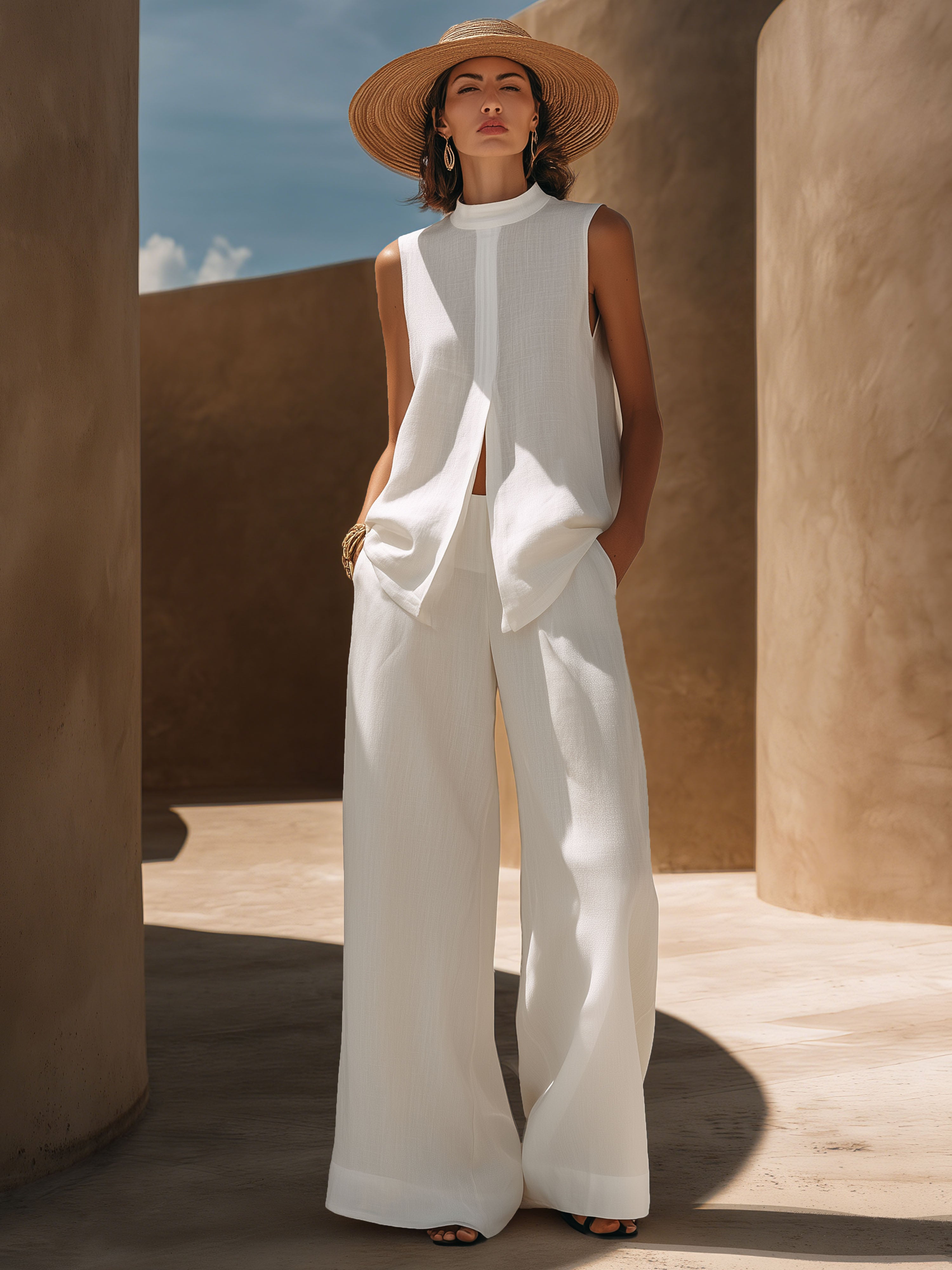 Vintage-Inspired White Cotton Linen Sleeveless Top And Trousers With Slits Set