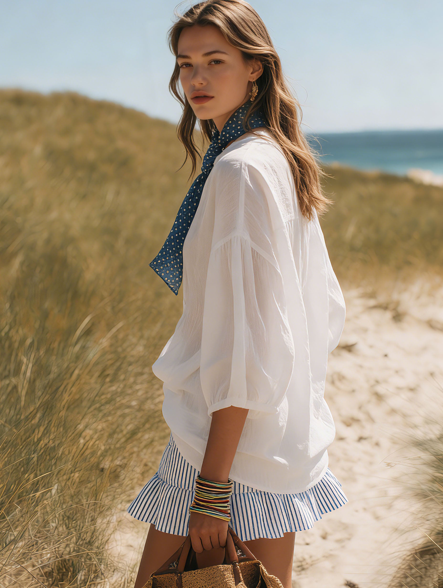 Resort-Style Blue White Striped Chiffon Mini Skirt Short-Sleeved Shirt Scarf Set