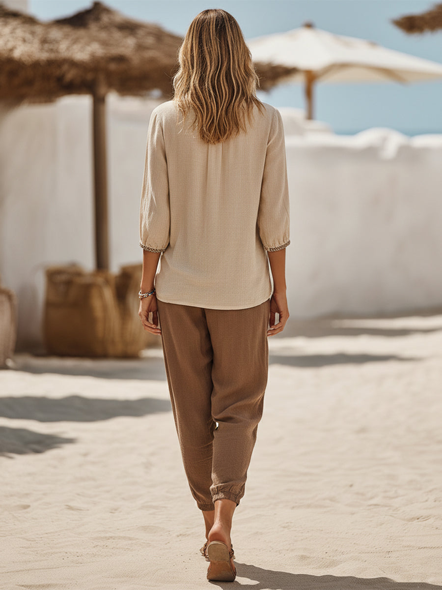 Bohemian-style Resort-style Brown Embroidered V-neck Beige Cotton-linen Top And Brown Harem Pants Set