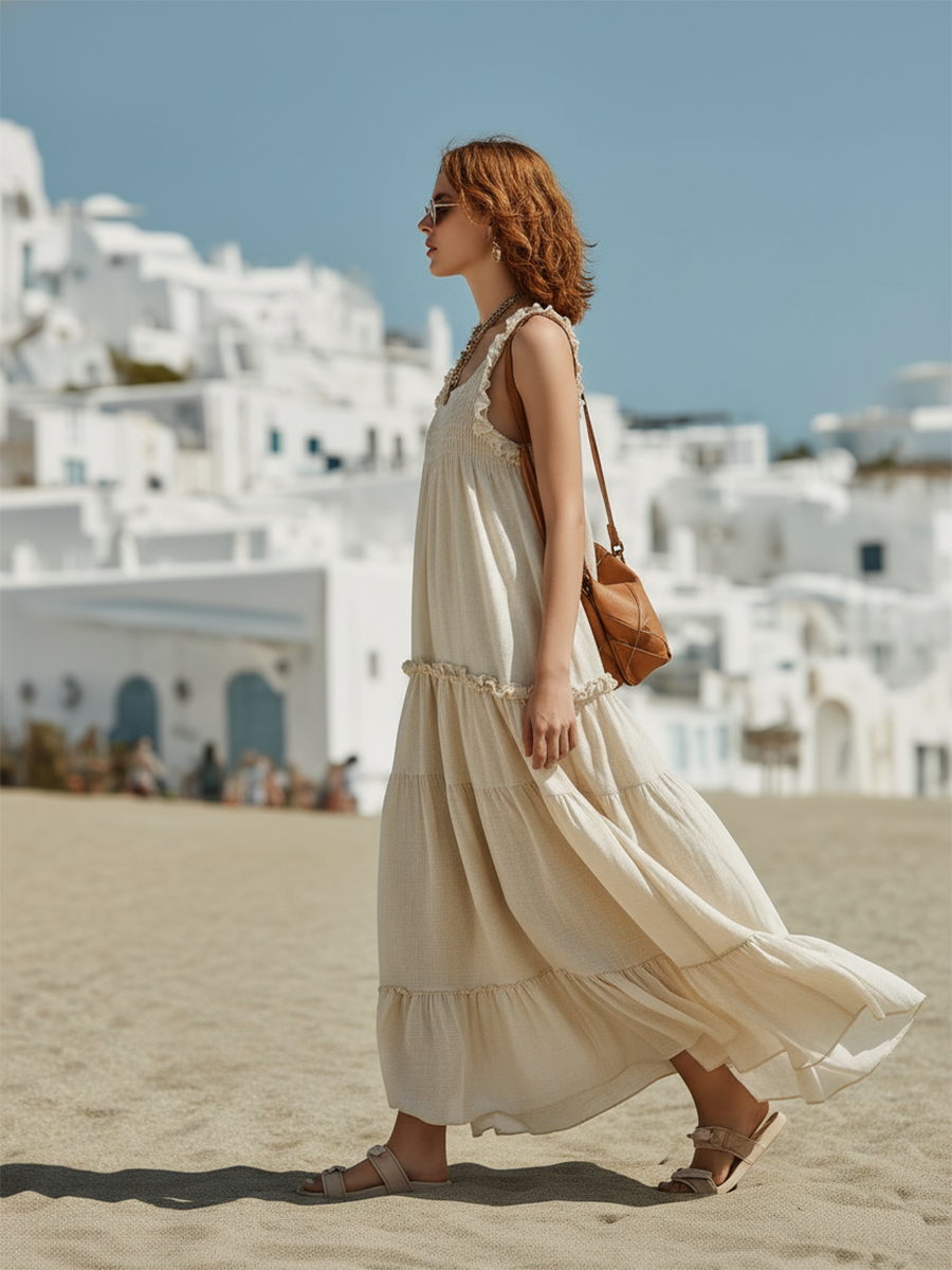 Vacation-style Cotton And Linen Sleeveless Off-the-shoulder Maxi Dress