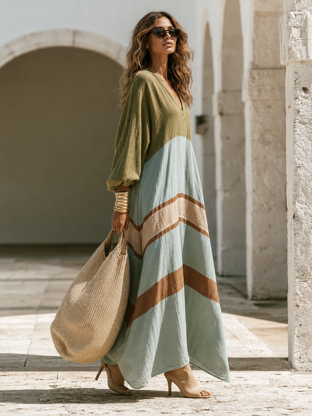 Loose-fitting Bohemian Long-sleeve Color-block Cotton-linen Maxi Dress