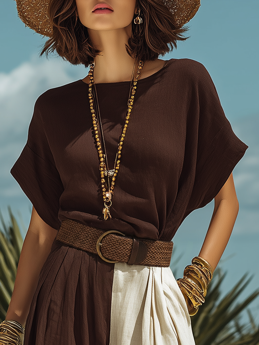 Stylish And Casual Short-sleeved Top And Color-blocked Wide-leg Pants Set
